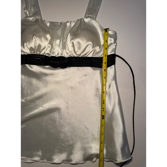 Satin M Tank Top Black Waist Tie Ruched Bust Sleeveless Blouse Dressy - Picture 5 of 9